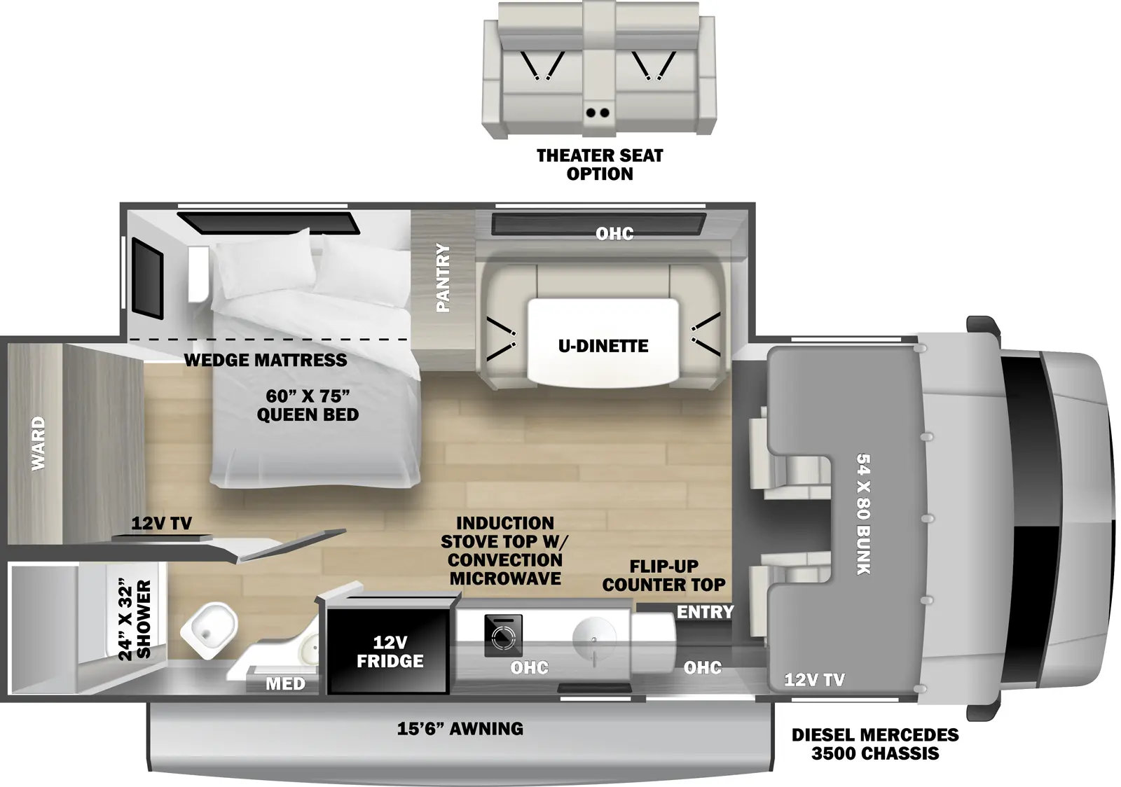 The Solera 24DSRC floorplan has one entry and one slide out. Exterior features include: 15'6" awning. Interiors features include: bunk over cab, u-dinette and dinette.